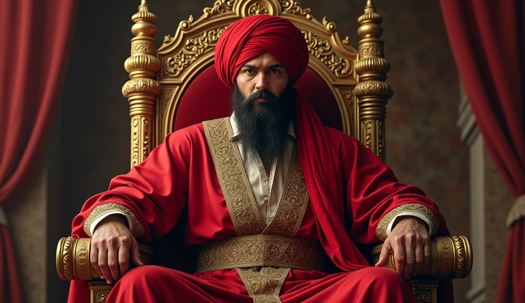 In ancient Islamic times, a man with a strong body. He has a turban. He sits with confidence, tall and majestic, intimidating the enemy. He places his hands on both feet. The clothes are red. He is sitting on the throne of the Caliphate. A luxurious, luxurious throne. Behind the throne. High quality realistic facial features.