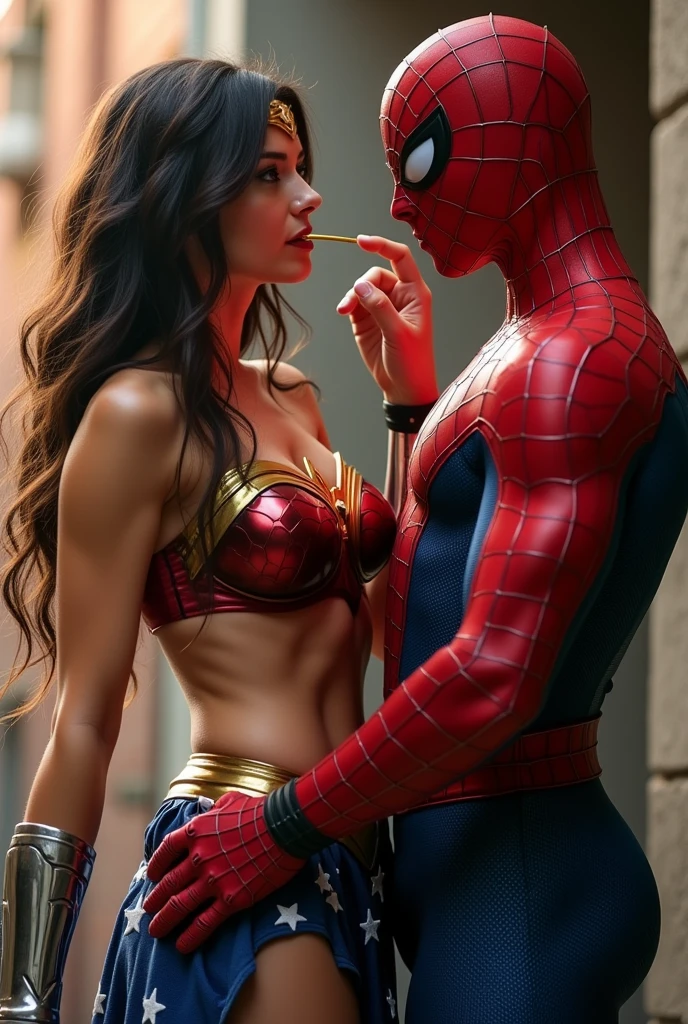 Wonder Woman is showing her vagina to Spiderman and asking him to lick her vagina, he is inserting his fingers in her vagina under her skirt, he is fingering her, she is in ecstasy,