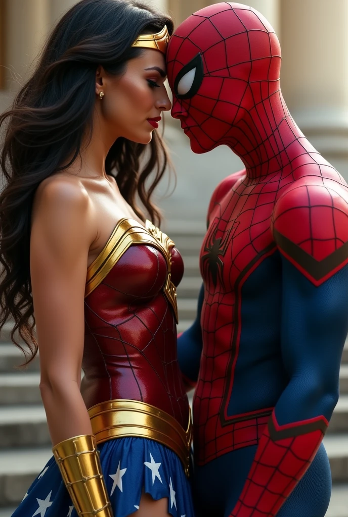 Wonder Woman is showing her vagina to Spiderman and asking him to lick her vagina, he is inserting his fingers in her vagina under her skirt, he is fingering her, she is in ecstasy,