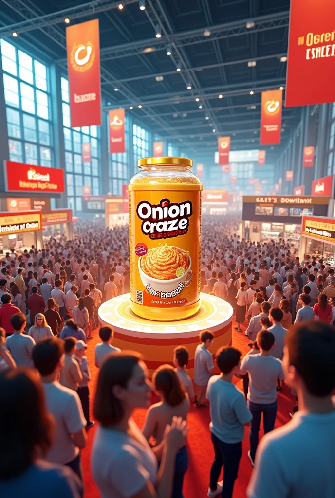 Generate an image of a place decorated for an Expo selling an onion dip called onion craze 
