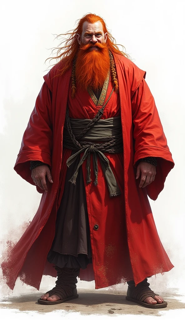 ((kimono)), (male: 1.3), dwarf, (Masterpiece, intense details: 1.5) full body, red cloak, red hair, long braided beard, hair strand, smile, high detail, Realism, Action painting, depth of field, god rays, wide shot, panorama, Ultra-Wide Angle, uhd, super detail, high quality, Photorealism, 16K, highres, No background, White background, background through