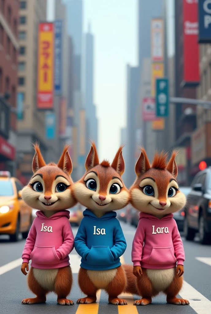 live-action with three anthropomorphic female squirrels, 'Alvin and the Chipmunks',' in the middle of a busy street in a big city. Two of the squirrels, Isa by Sophia, They are 7 year old twins, the same size and age., while Lara, she is 10 years old and is a little taller and seems to be the oldest. Lara has to be in the middle, and Isa and Sofia on the ends. The squirrels are wearing human clothes: Isa wears a pink sweatshirt with her name written on it, Lara wears a blue jacket with her name written on it and Sofia wears a pink sweatshirt with her name written on it.. Ao fundo, There are tall buildings, street signs and cars, capturing the vibrant atmosphere of a big city during the day