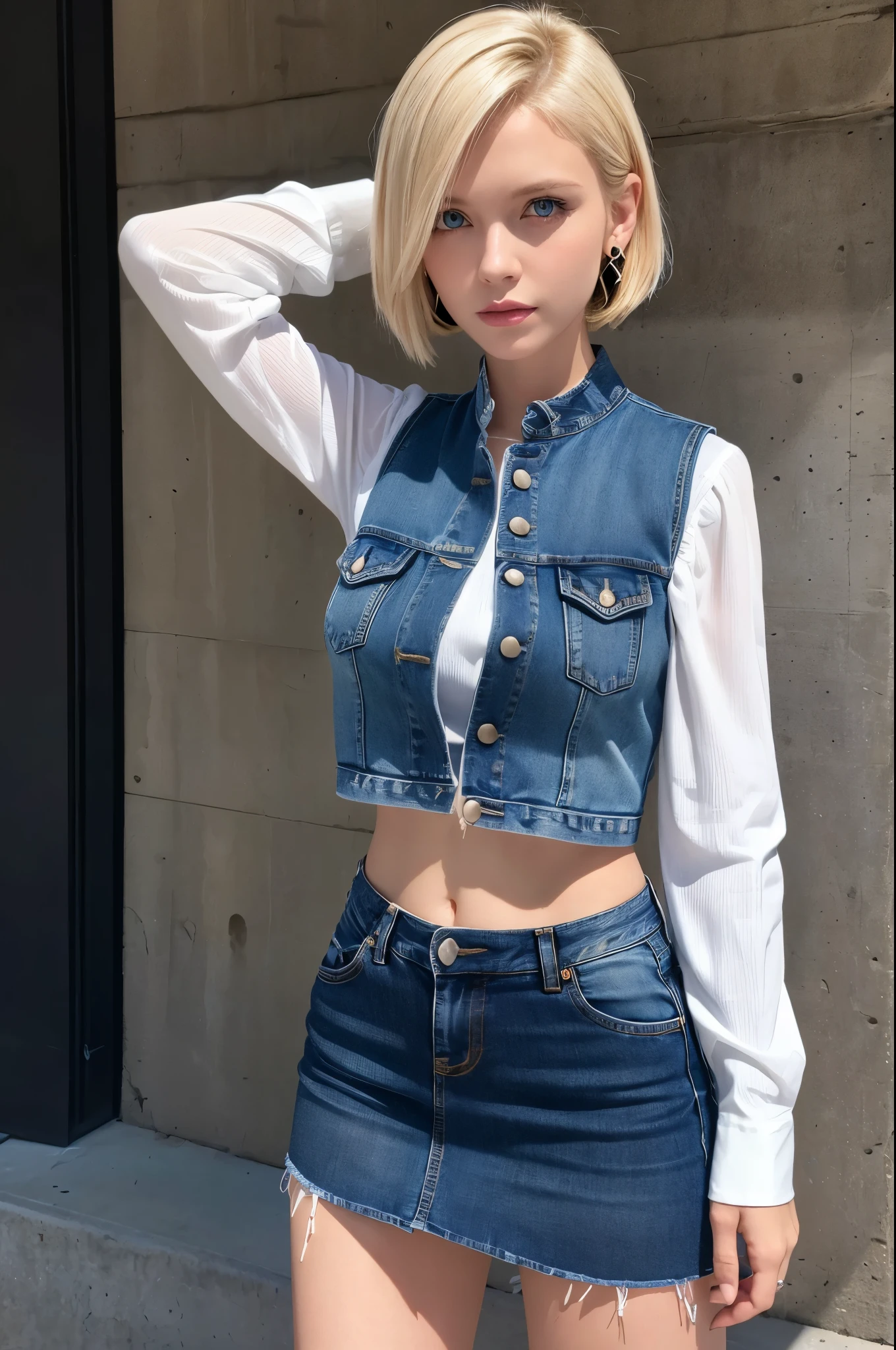 8k,Highest quality, High resolution, AND18, One Girl, Android 18, alone, Blonde, blue eyes, short hair, Earrings, jewelry, Denim dress, Open Vest, Black Pantyhose, Black Shirt, Jeans Skirt, long sleeves with stripes, Blue Skirt, Medium chest, Cowboy Shot, street, (External dilated chest: 1.2) The body's aura is released (Blue white light effect),Highest qualityのフォトリアリスティックRAW写真。Backlight、Cinema Lighting、Film Grain、50mm lens、Nikon D850、Realistic Skin、Fantasy art、Character Art、超High resolution、muscular and slim body、超Realistic Skin、Super Muscular Beauty,smile,Dynamic fighting pose,