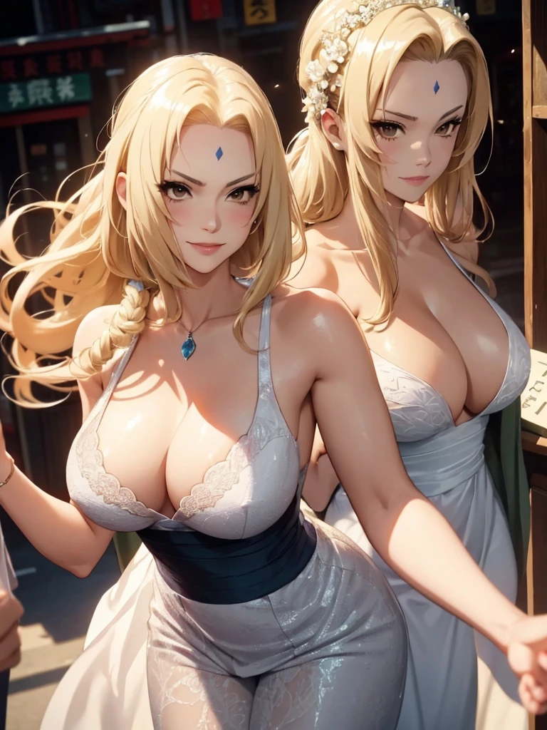 Tsunade, 1woman, as a bride, wearing a wedding frock, at a wedding ceremony, blonde hair, 8k, high detailed, high quality