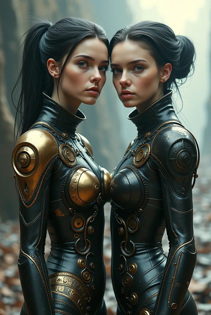 there are two women in armor standing next to each other, highly detailed surreal vfx, inspired by Peter Lindbergh, desaturated and muted colors, inspired by Nikola Avramov, clockpunk, detailed and beautiful faces, by Steven James Petruccio, prometheus (2012)