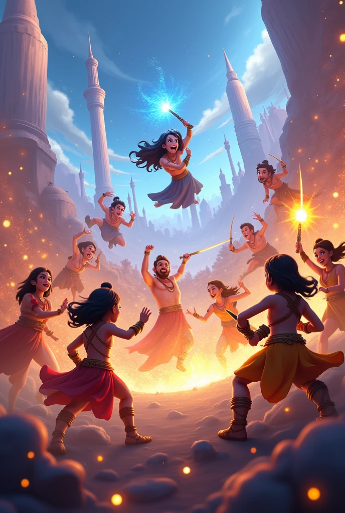 Sci-fi animation 3D cartoon style of  Mahabharata fighting 