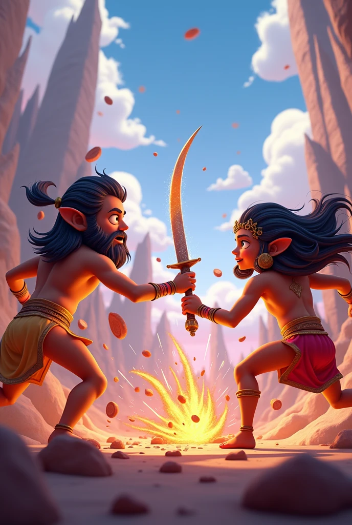 Sci-fi animation 3D cartoon style of  Mahabharata fighting 