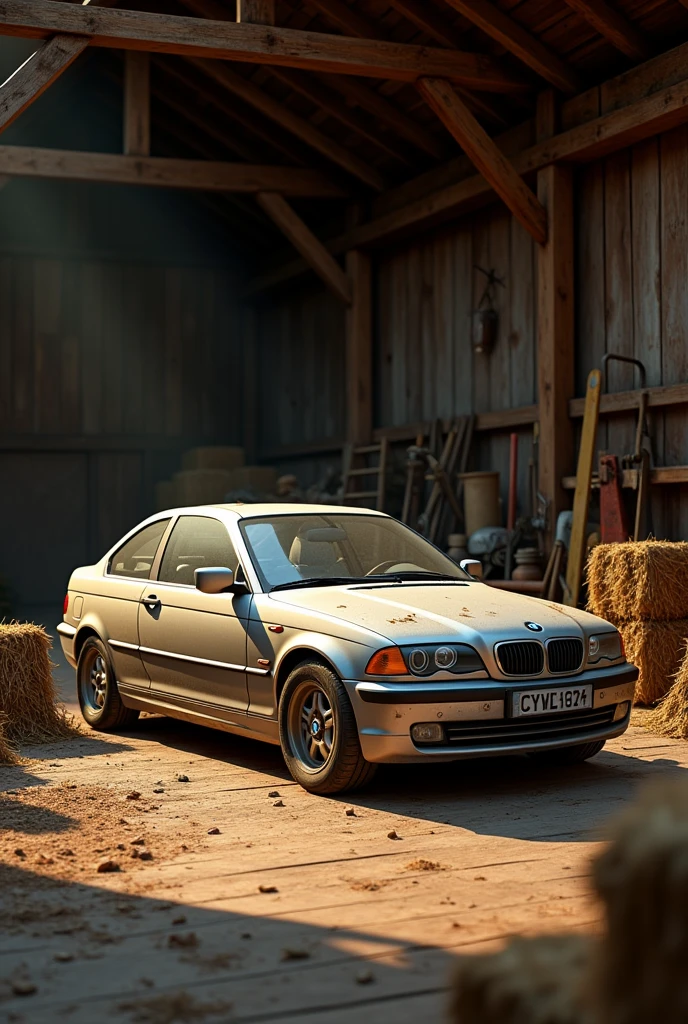 Im Stil von Pixar 3D-Animations-Filmen. A dirty BMW E46 Compact, color silver, stands in a barn
