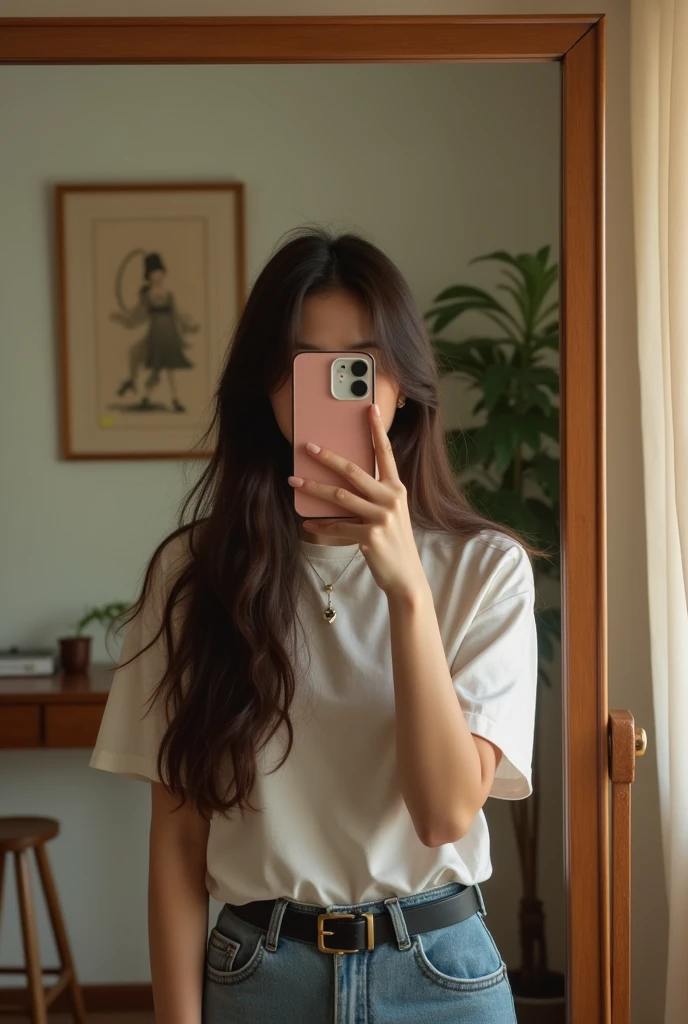 mirror越しに自撮りしてる女性、mirror、Long Hair,The iPhone 12 Pro hides his entire face、I can't see your face、Beautiful woman、Full Body Shot、I'm wearing sneakers、Wearing a t-shirt、Japanese、Stylish room
