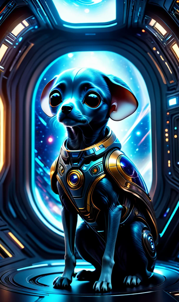 A tiny alien lifeform made from a 犬、Realistic 4k Octane、beautifully detailed render、4K post-processing、Very detailed、intricate complexity、A magnificent composition、Magical atmosphere、Cinematic lighting、masterpiece、Ultra-high resolution、Sharp focus、Blender Gustav Klimt、masterpiece、Films by artgerm and greg、Inside the spaceship