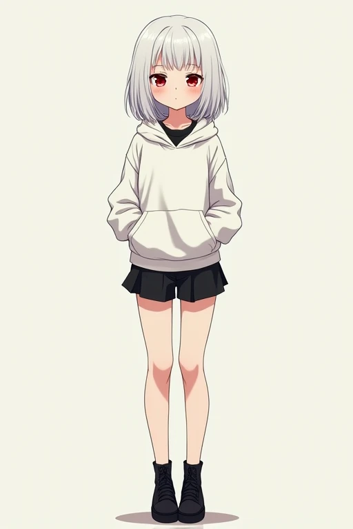 A full-body image of an expressionless, beautiful anime elementary school girl with medium-short white hair, red eyes, fair skin, wearing a white hoodie over a black shirt, black shorts, and black shoes.