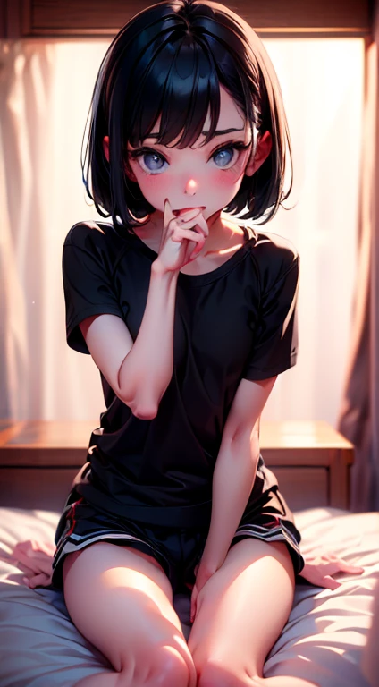 (8K、Hyper HD)On pink sheets、transparent bottom、Spread your legs、Show your underwear、short hair, Black Hair,