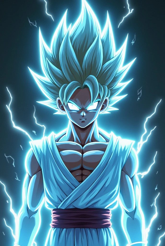 glowneon, photo of glowing Ultra Instinct Son Goku emitting sparks and electricity, dark white, glowing eyes, cinematic film still, taking a realistic photo