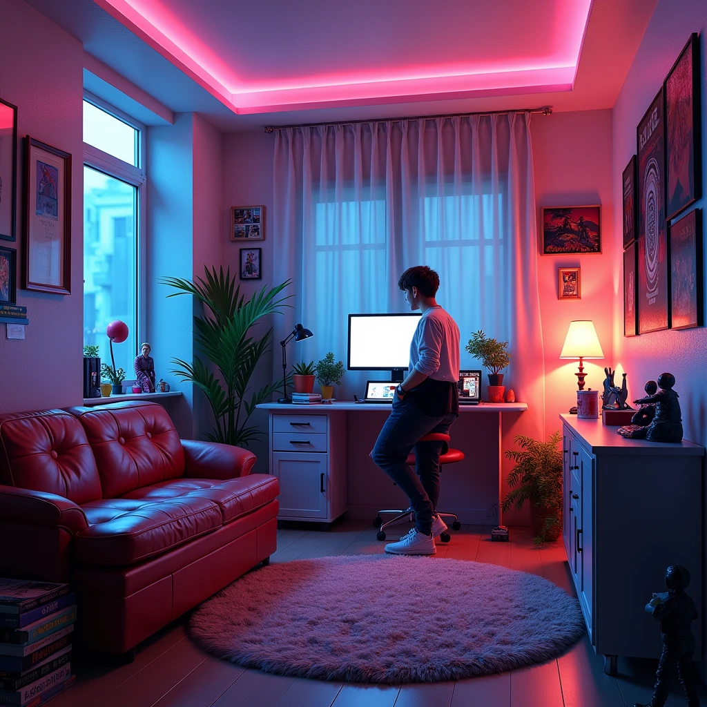 There is a room with a couch on the left for a cyberpunk theme of neon lights and in a ager&#39;s room with figurines and it says tokaan and there is no computer 