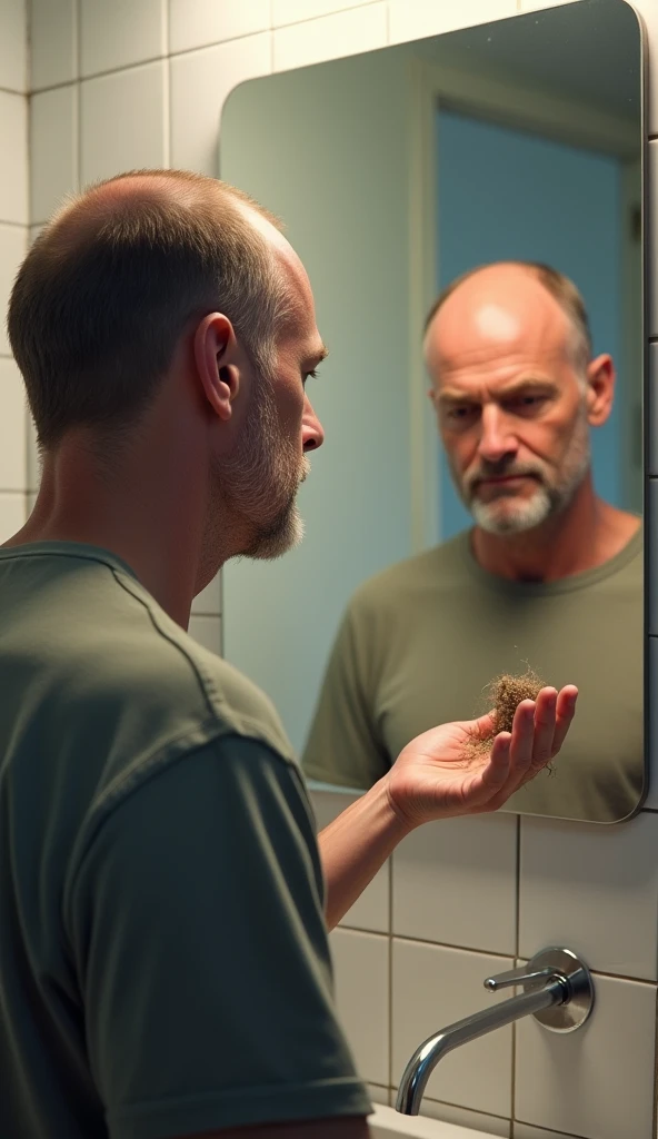 Create a picture for me of a man with the beginnings of baldness, standing in front of a mirror holding a bunch of hair in your hand.