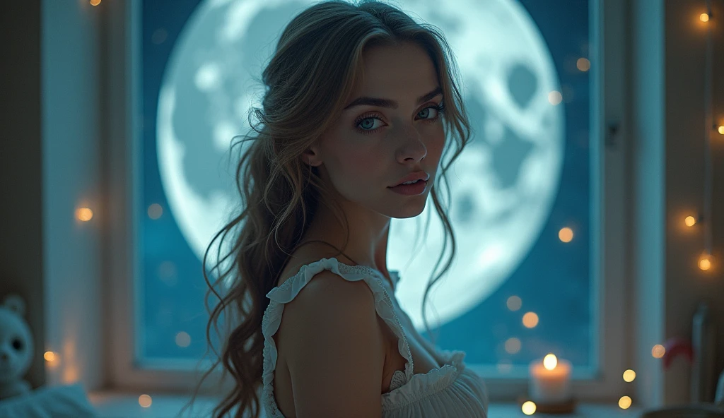 Image where a girl is in her apartment next to her window enjoying the night. In her hand she has a cupcake and on her head a shiny silver headband. She is in complete solitude in front of the moonlight reflecting on her birthday in stop-motion style. 