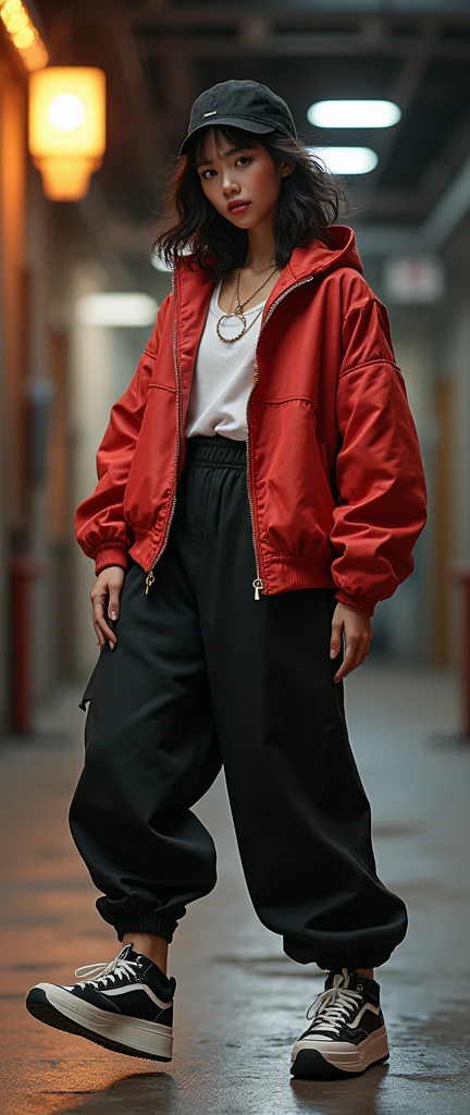 1 asian female, 90s streetstyle hiphop fashion, baggy thick edgy loose clothing, Melbourne shuffle shuffling footwork, medium shot, 1990s, photorealistic, stlish swagger poses (best quality,4k,8k,highres,masterpiece:1.2),ultra-detailed,(realistic,photorealistic,photo-realistic:1.37),HDR,UHD,studio lighting,ultra-fine painting,sharp focus,physically-based rendering,extreme detail description,professional,vivid colors,bokeh,studio shot,dramatic lighting