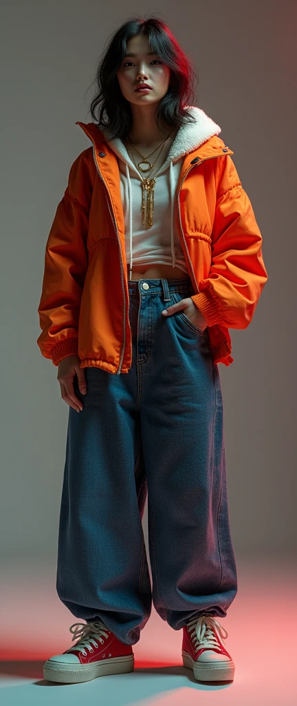 1 asian female, 90s streetstyle hiphop fashion, baggy thick edgy loose clothing, Melbourne shuffle shuffling footwork, medium shot, 1990s, photorealistic, stlish swagger poses (best quality,4k,8k,highres,masterpiece:1.2),ultra-detailed,(realistic,photorealistic,photo-realistic:1.37),HDR,UHD,studio lighting,ultra-fine painting,sharp focus,physically-based rendering,extreme detail description,professional,vivid colors,bokeh,studio shot,dramatic lighting