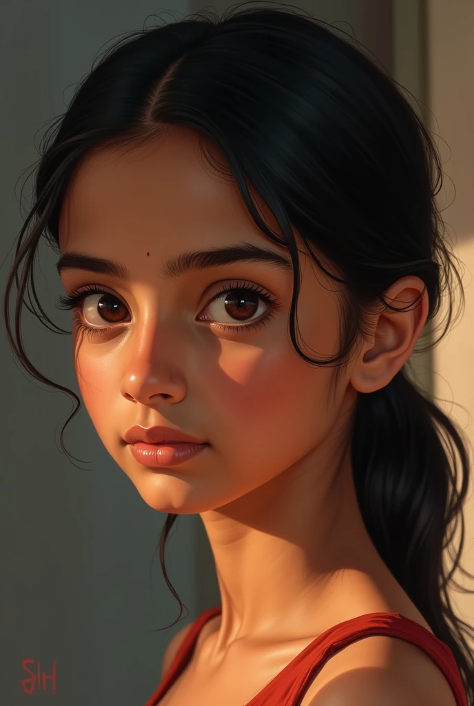 Create a close-up illustration of a beautiful ar-old th indian girl girl brown colour girl . She has beautiful narrow eyes . Clean jawline . carefully styled her hair into a neat ponytail. The image should sideways and only capture until neck
