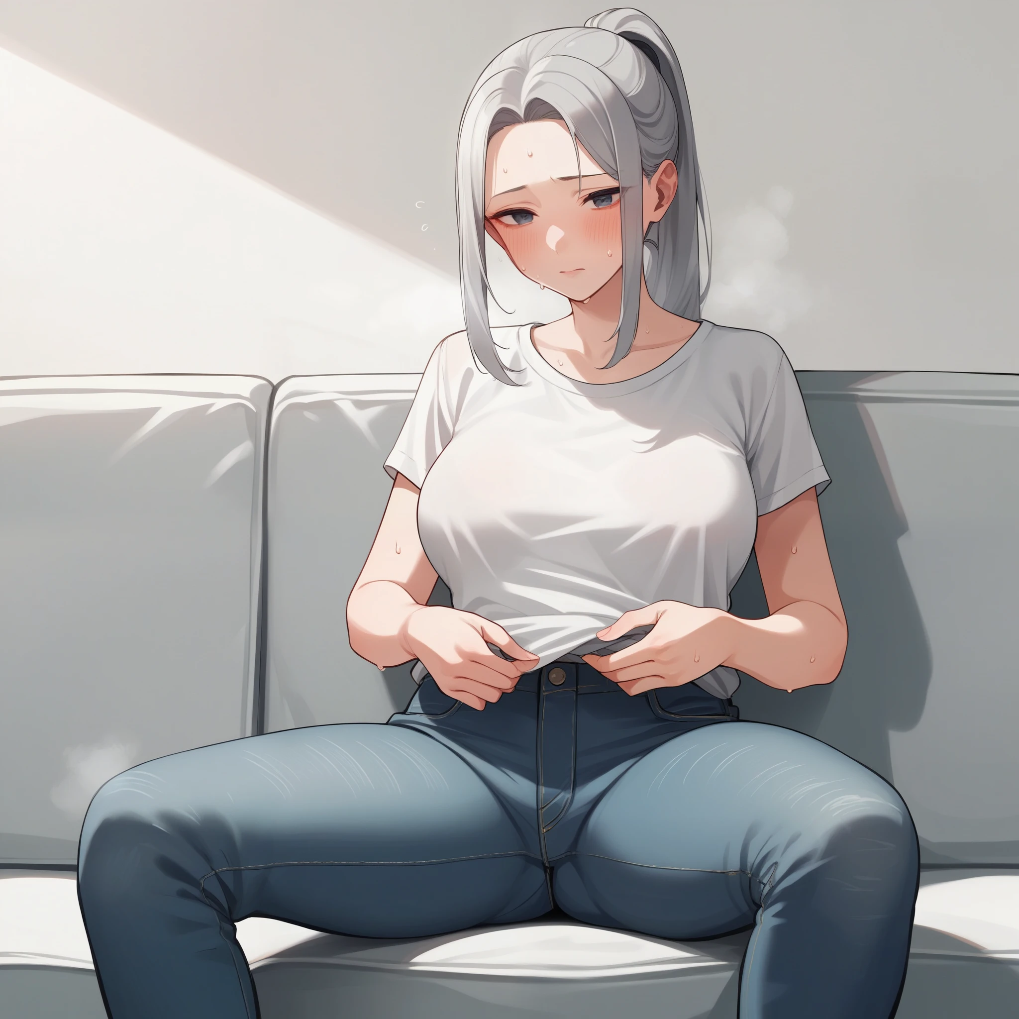 nsfw,beautiful girl,Anime Face,older sister,Gray Hair,ponytail,steam,(low quality,worst quality:1.4),extra limbs,missing limb,extra digit,fewer digit,missing digit,missing finger,fused fingers,mutated hands and fingers,1girl,sweat,white t-shirt, ,take off,Jeans,Open legs wide,embarrassed,Open legs wide,sitting with one's back turne ,open vagina,brown vagina,