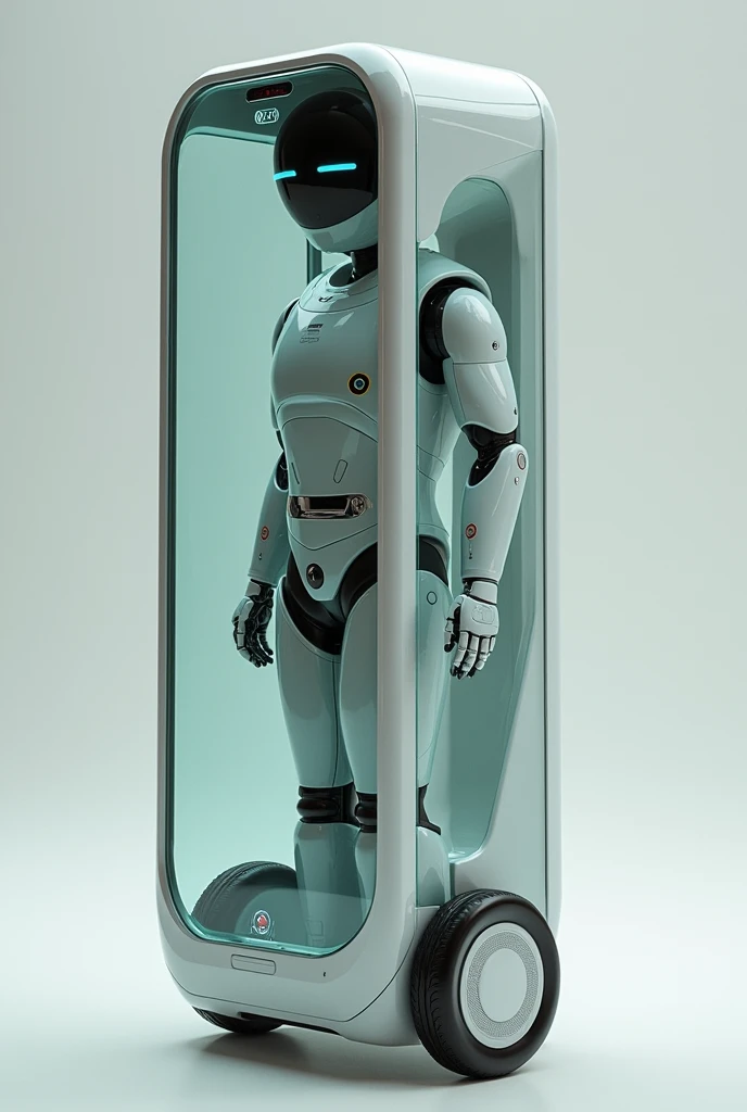 A service robot has no arms nor legs. Have hidden small wheels. Tall and have transparent cabinet as a body. 