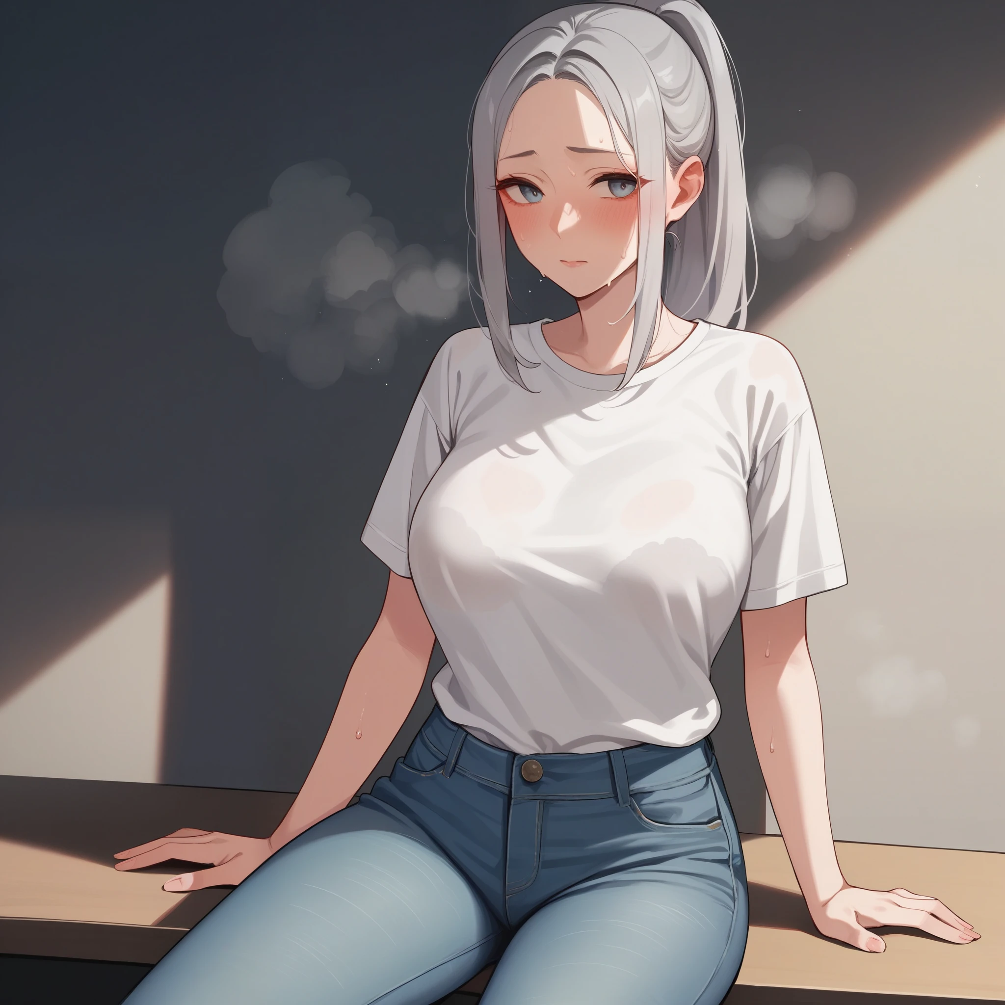 nsfw,beautiful girl,Anime Face,older sister,Gray Hair,ponytail,steam,(low quality,worst quality:1.4),extra limbs,missing limb,extra digit,fewer digit,missing digit,missing finger,fused fingers,mutated hands and fingers,1girl,sweat,white t-shirt, ,take off,Jeans,Open legs wide,embarrassed,Open legs wide,sitting with one's back turne ,presenting