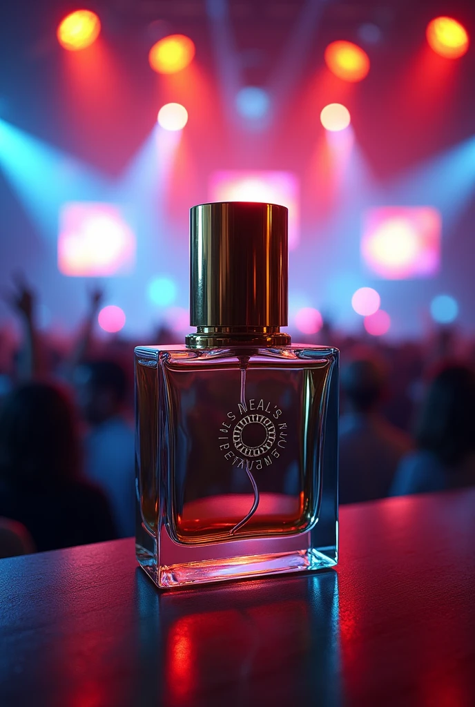 Square clear cheap glass perfume bottle with cylindrical golden cap and logo Neal's Perfumes. Dj concert in background 