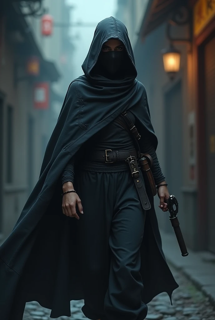 I need an image of a rogue for an RPG character, I need him to have ninja characteristics but not be too obvious., I want it to be more mysterious, you can use a cape and a mask, but I also want it to maintain the aspect of its fun personality. I also want it to be done with realism and creativity. 
