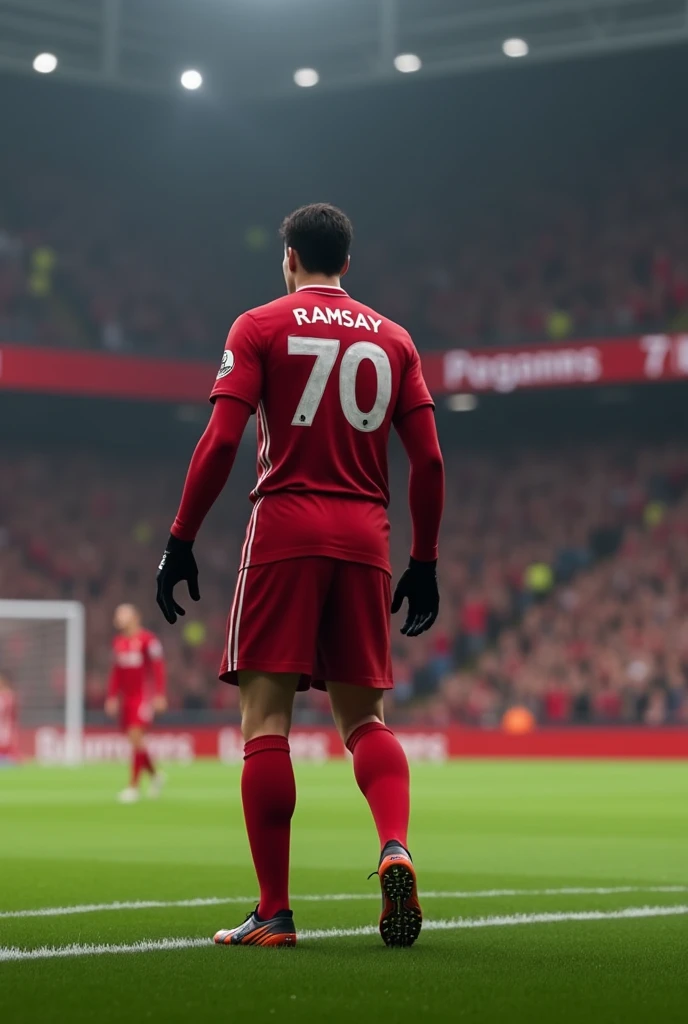 A Liverpool player called Ramsay who wears number 70 and also wears long sleeves and black gloves going to take a corner