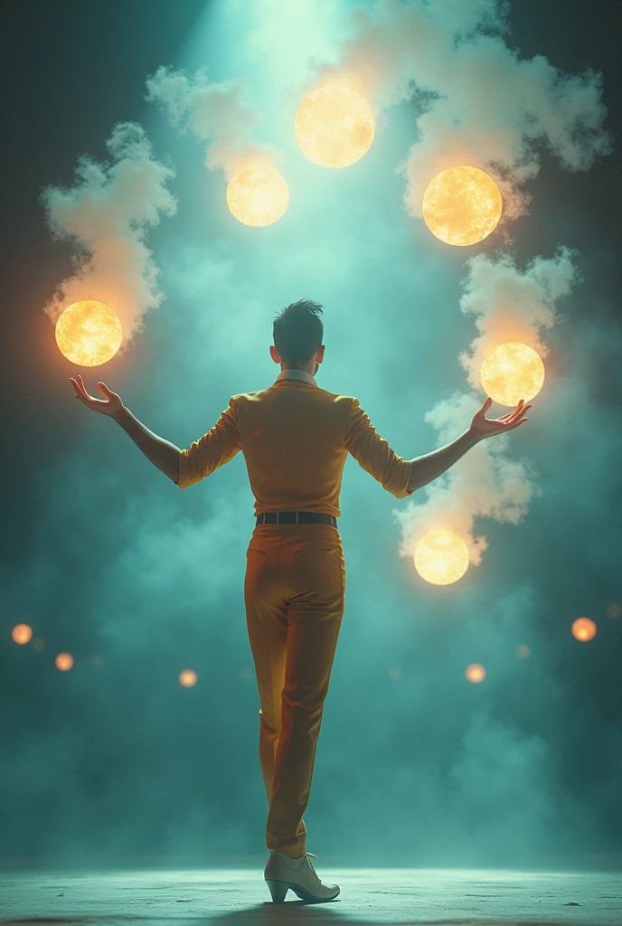 A juggler in 1960s mod attire tossing glowing orbs, each emitting steam as they float in a surreal, slow-motion arc