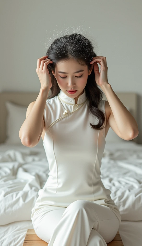 Create an Asian beauty，White traditional cheongsam，Sitting on a stool，Scratching the scalp with both hands，Scratching the scalp with both hands，A lot of dandruff on the top of the head，There is a lot of dandruff on the top of the head，Expression praise unhappy character front，White high-end bedroom background，9:16 frames，Ultra HD painting