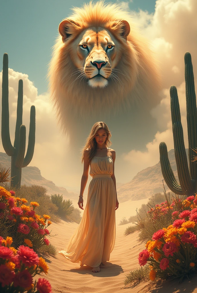 Woman in the desert with captus with flowers and the lion of Judah
