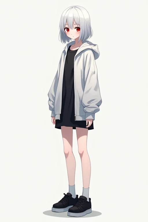 A full-body image of a beautiful, expressionless anime girl with medium-short white hair, red eyes, fair skin, wearing a white hoodie over a black shirt, black shorts, and black shoes.