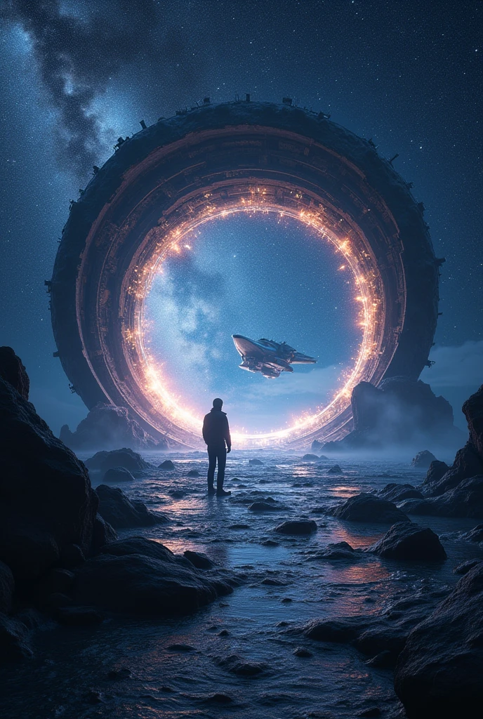 masterpiece, super detail, uhd, 8k, super detail, best quality, Milky Way, Milky Way, universe space, One Face of Stars, Twinkling Stars々, Spaceship, Countless sparkles, Circular Gate of Space-Time, Galaxy in the Gate, the center is shining, There is light around the circle, super ancient technology, Go through the gate
