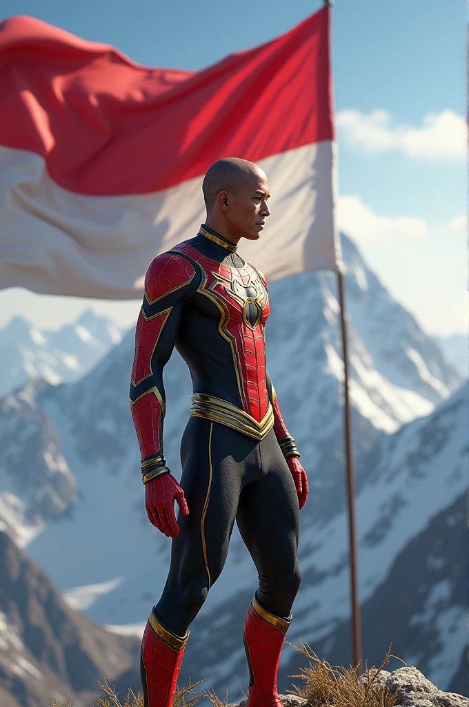 ultra realistic 3d animation wiro sableng dressed in spiderman complete with red black yellow gold clothing respectfully facing the red and white flag fluttering in the background at the top of the mountain image focus object