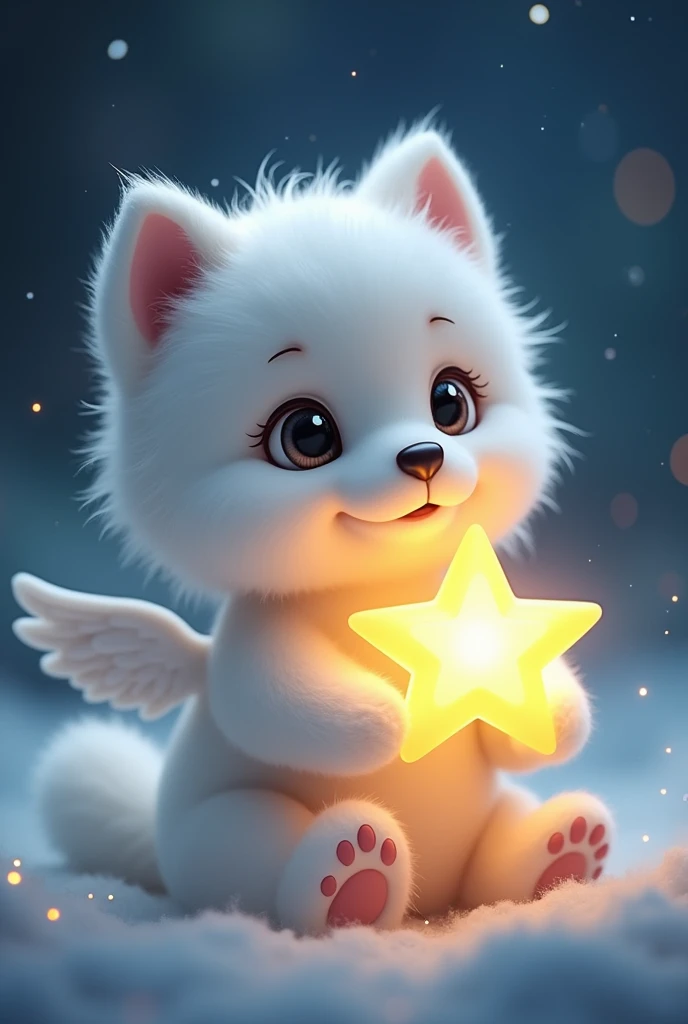 white dog holding a star