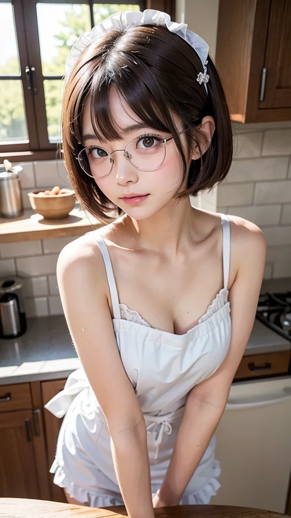 (masterpiece, Best Quality:1.2), 8K, 1 girl, 18 years old Japanese girl, 85 mm, Official art, Raw photo, Pretty Face, close up, face focus, cute Girl, Cinch waist, beauty thighs, soaking wet, sweat, medium breasts, frilled white apron on naked, frilled maid hairband, large round glasses, standing, leaning forwards, in a kitchen, Looking at Viewer, No makeup, (aroused, embarrassed, blush :1.2), Film grain, chromatic abberation, Sharp Focus, face lights, clear lighting, , Detailed face, Bokeh background