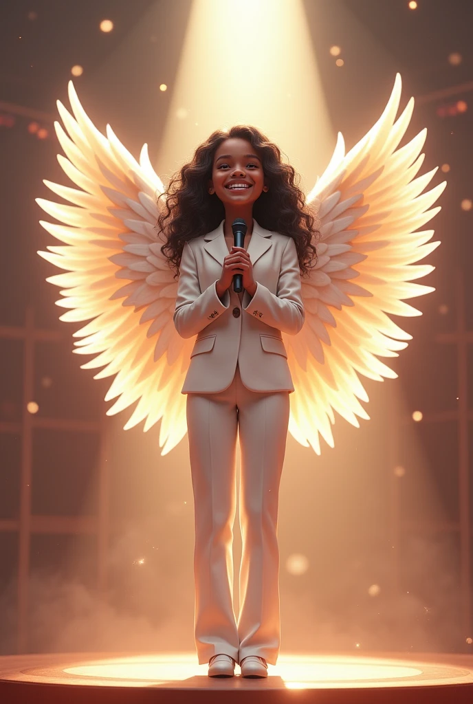 A brown skinned girl ,with big wings like an angel with a smile and braces on her teeth with black wavy hair in a beautiful white suit standing on a stage with a microphone