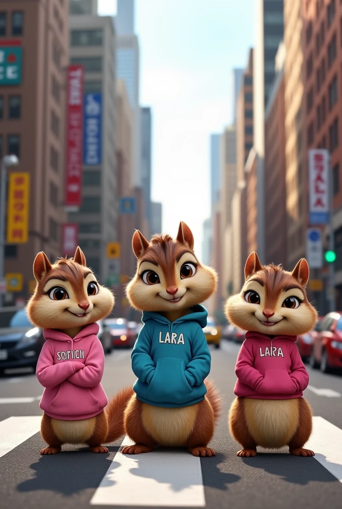 live-action with three anthropomorphic female squirrels, 'Alvin and the Chipmunks',' in the middle of a busy street in a big city. Two of the squirrels, Isa by Sophia, They are 7 year old twins, the same size and age., while Lara, she is 10 years old and is a little taller and seems to be the oldest. Lara has to be in the middle, and Isa and Sofia on the ends. The squirrels are wearing human clothes: Isa wears a pink sweatshirt with her name written on it, Lara wears a blue jacket with her name written on it and Sofia wears a pink sweatshirt with her name written on it.. Ao fundo, There are tall buildings, street signs and cars, capturing the vibrant atmosphere of a big city during the day