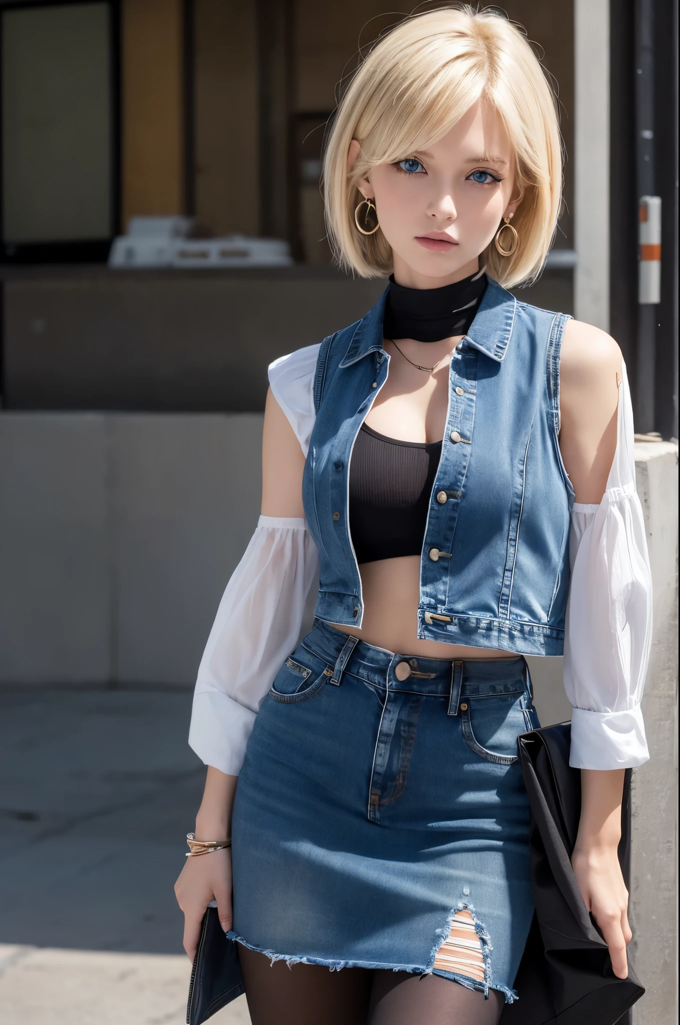 8k,Highest quality, High resolution, AND18, One Girl, Android 18, alone, Blonde, blue eyes, short hair, Earrings, jewelry, Denim dress, Open Vest, Black Pantyhose, Black Shirt, Jeans Skirt, long sleeves with stripes, Blue Skirt, Medium chest, Cowboy Shot, street, (External dilated chest: 1.2)　The body&#39;s aura is released　(Blue white light effect),Highest qualityのフォトリアリスティックRAW写真。Backlight、Cinema Lighting、Film Grain、50mm lens、Nikon D850、Realistic Skin、Fantasy art、Character Art、超High resolution、muscular and slim body、超Realistic Skin、Super Muscular Beauty,smile,Dynamic fighting pose,