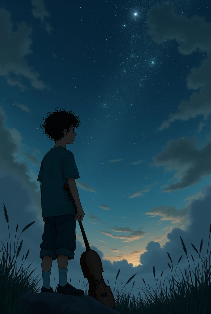 A depressed boy, with curly and stylish hair. LOOKING AT THE NIGHT SKY, the sky is very starry and clear, on a cloudy night, smoking paieiro (music album cover on youtube)