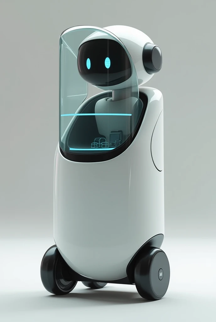 A service robot has no arms nor legs. Have hidden small wheels. have transparent cabinet that can put thinks in it
