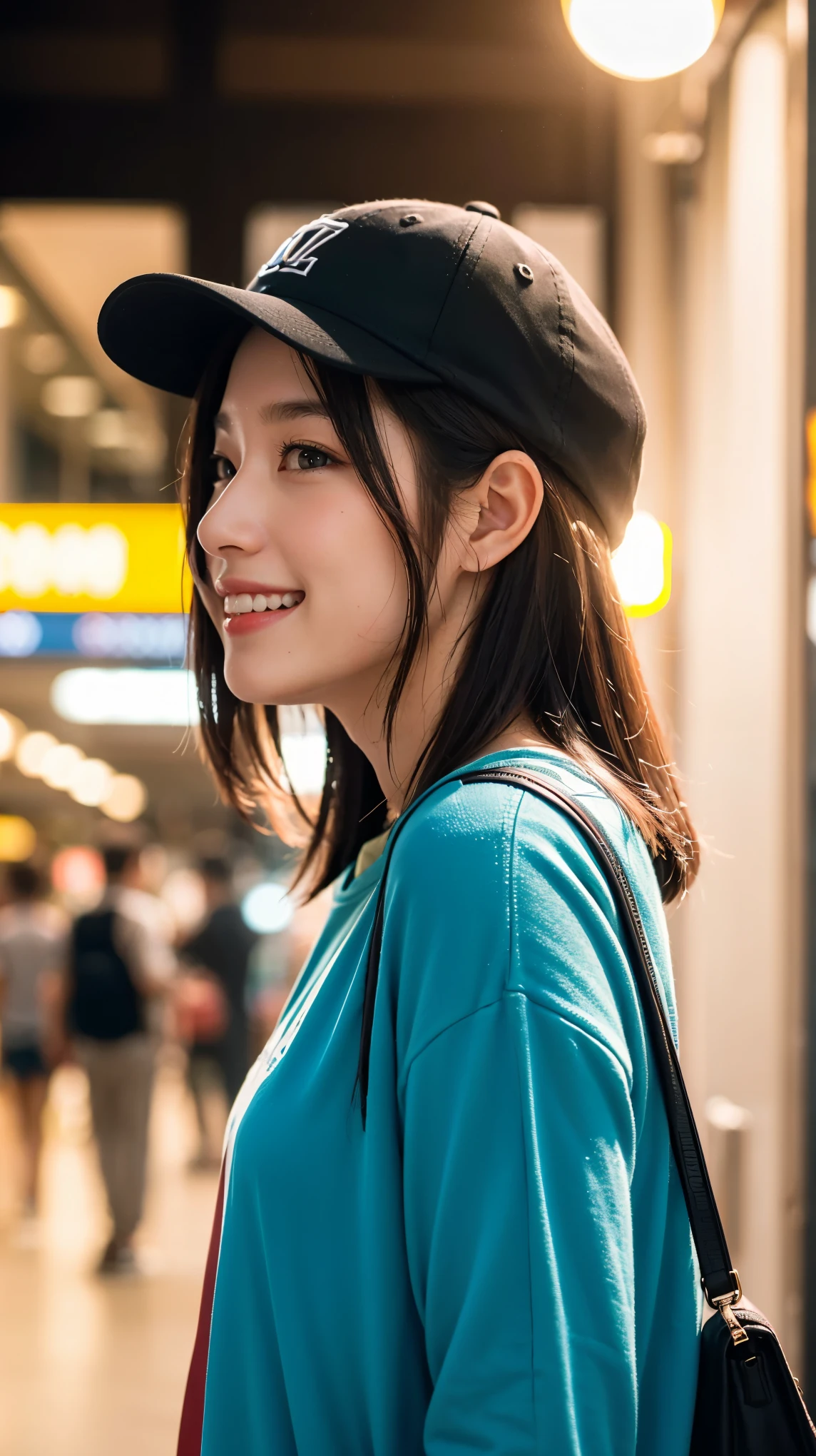 masterpiece, Highest quality, Highest quality, beautiful girl, Cute Face, 8k, Official Art, RAW Photos, When going out in the city during the hot season, please wear cool clothes., profile, Sports Cap, , Face Light, Film Grain, chromatic aberration, Sharp focus, Very happy smile, Show me your little teeth, Dynamic Lighting, Cinema Lighting, Photo of your face, Upward glance