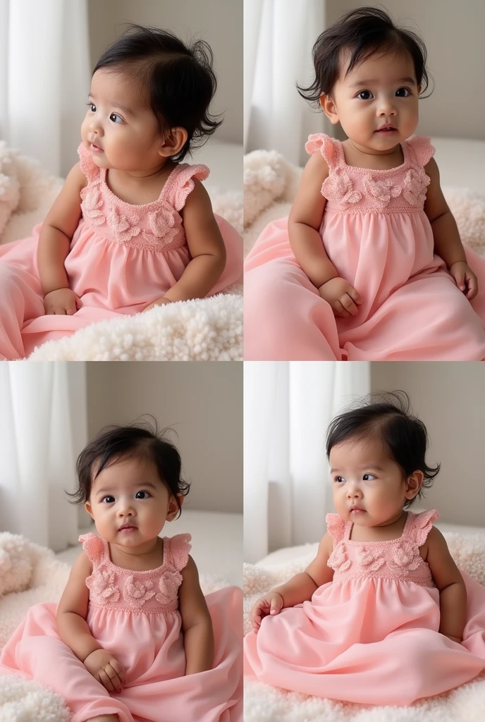 Create real pinay baby girl wearing pink gown with 4 image in the photo shoot scene collage