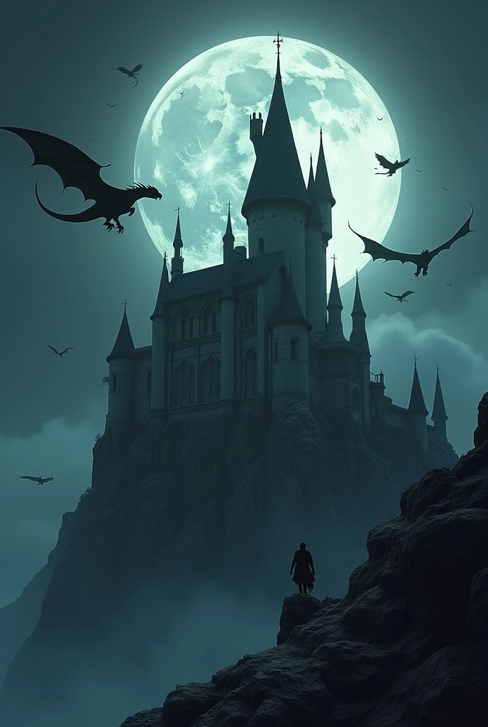A big night scary castle dragons flying around it a big moon behind it