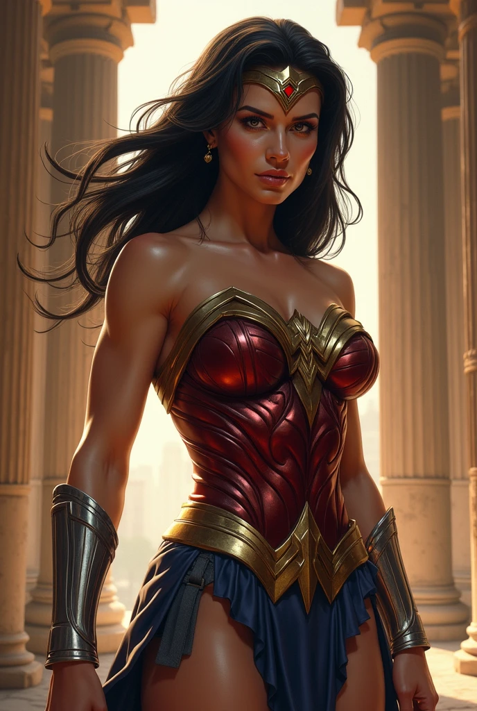 wonderwoman holding her chest without wearing a shirt, Ancient Greece backdrop, temple, closeup