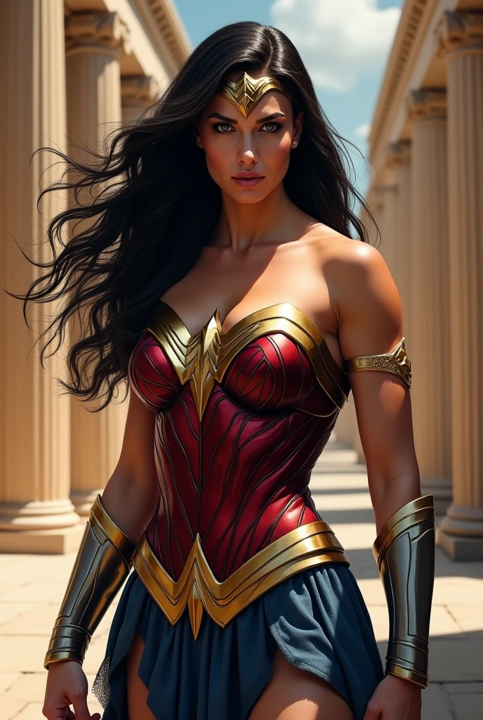 wonderwoman holding her chest without wearing a shirt, Ancient Greece backdrop, temple, closeup