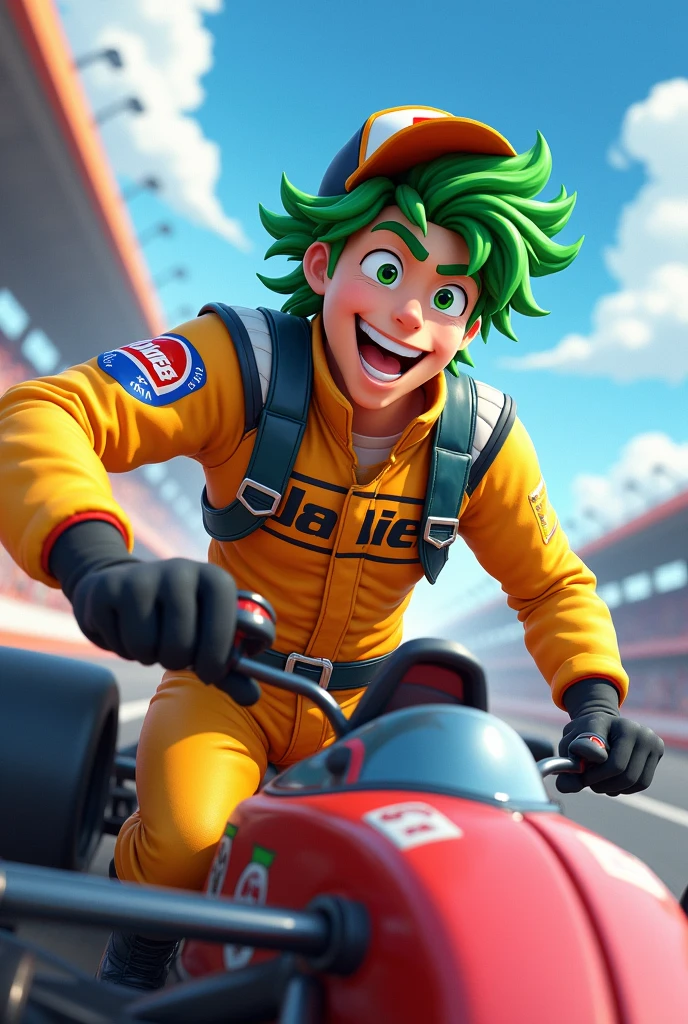 Make fun equal to joy, with green hair and a cap, masculine, car racing clothing, he full body and without the bottom