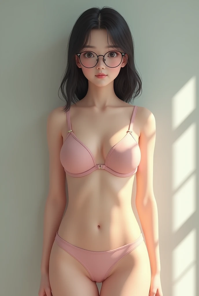 Japanese girl big boobs in light pink bra wearing glasses in real life full body