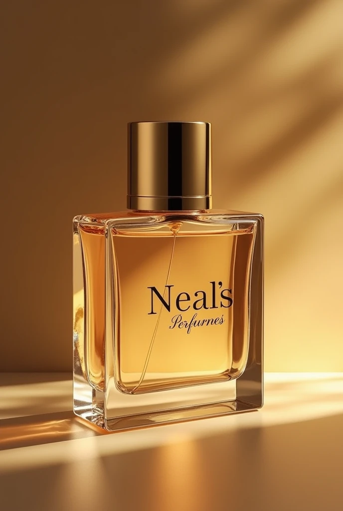 Square clear mid range glass perfume bottle with cylindrical golden cap and logo Neal's Perfumes. Luxury background